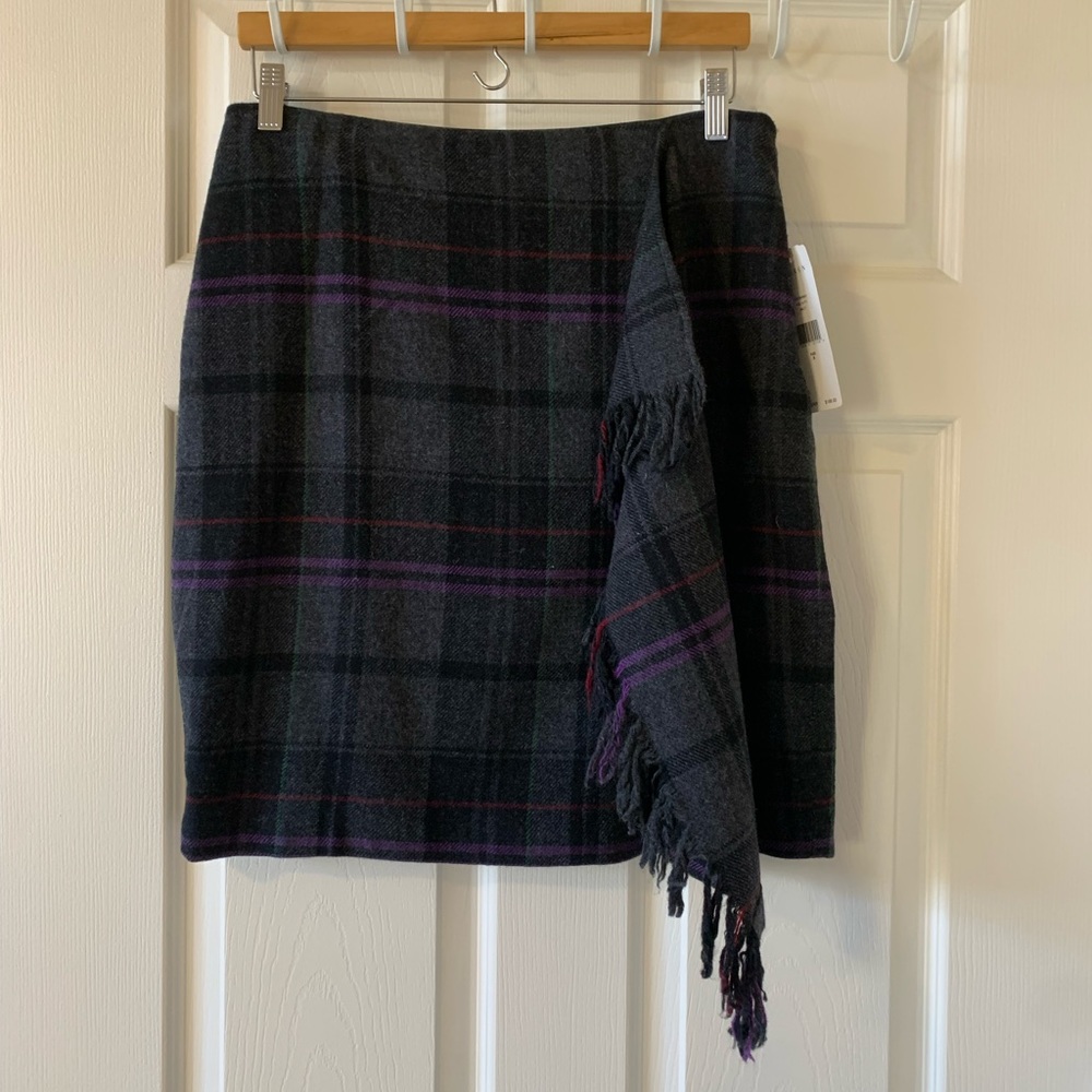 NWT LAUREN Ralph Lauren Designer Gray Black Plaid Wool Fringe Skirt 10 $198